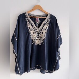Johnny Was Navy Blue Embroidered Boho Tunic Blouses Top Floral Festival PM